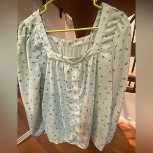 LOFT Light Blue Blouse with Black Floral Pattern